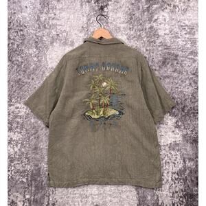 Tommy Bahama Shirt Medium Mens Green Silk Embroidered Short Sleeve Casual Button